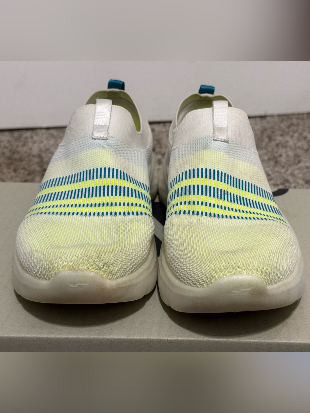 Women’s Slip-On Skechers- White with Yellow & Blue